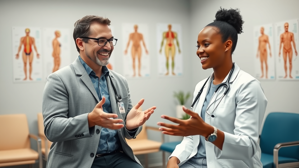 chiropractor explaining treatment to patient in modern clinic, with anatomy posters, comfortable background, and natural confident interaction.