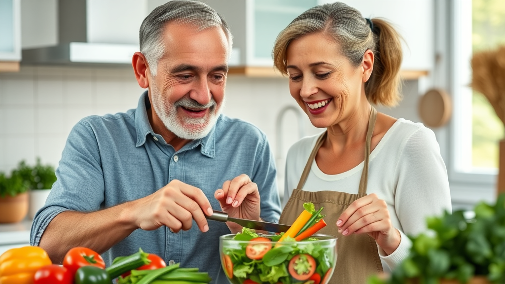 bone and joint health senior couple preparing healthy meal
