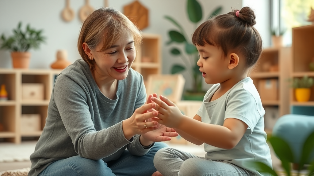 Therapist encouraging child during calm play therapy session, creating a supportive environment