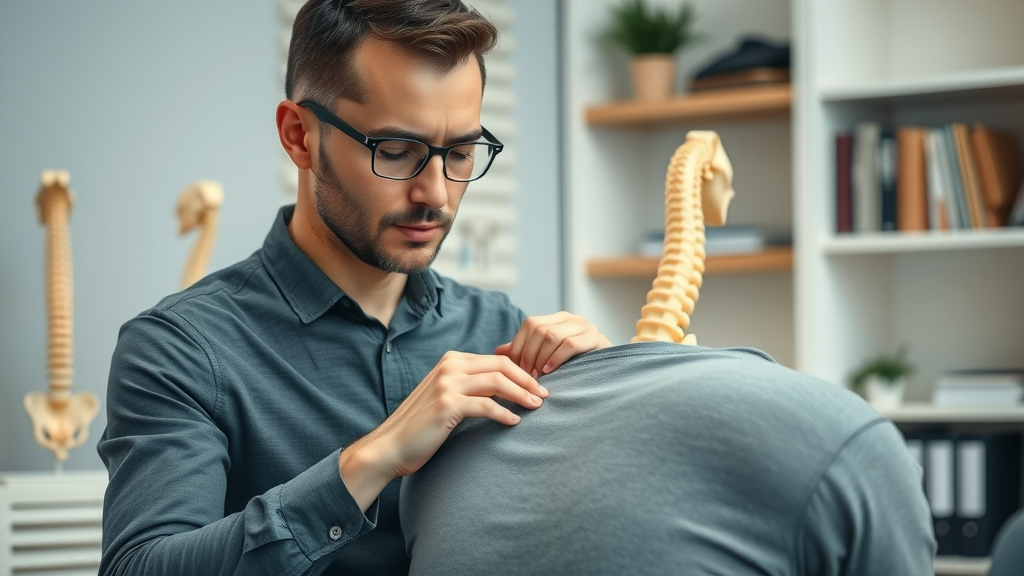modern chiropractor demonstrating spinal adjustment, anatomical spine model in background