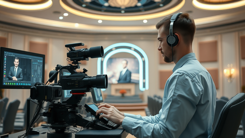 cutting-edge funeral streaming setup with technician, monitors and lighting, virtual services, network function
