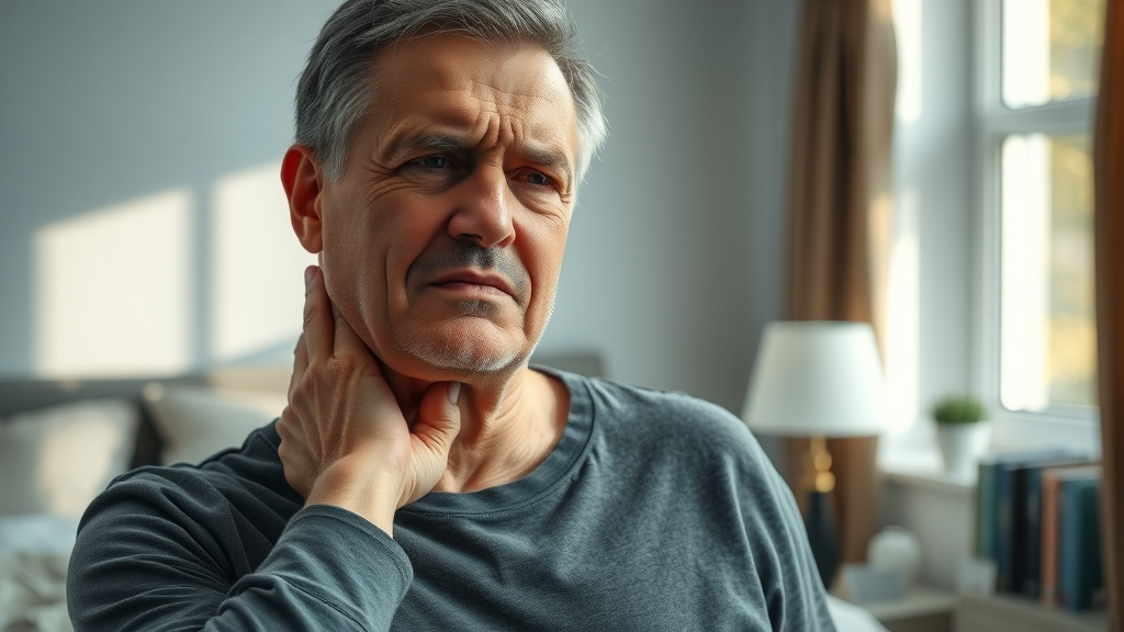 middle-aged adult experiencing neck pain in a softly lit bedroom - neck pain management