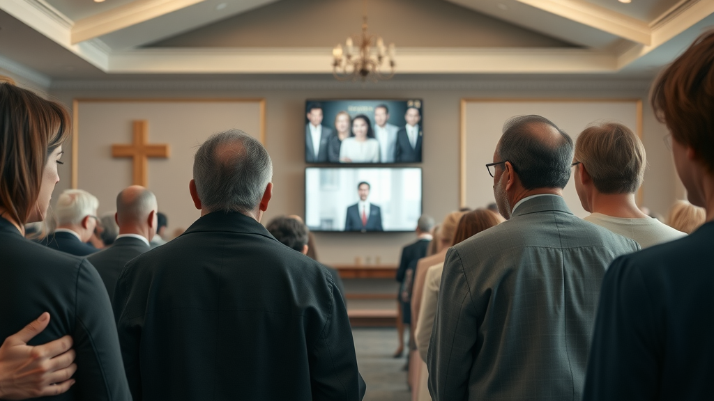 funeral home interior with digital memorial screens and mourners - how can technology be used to improve funeral services?