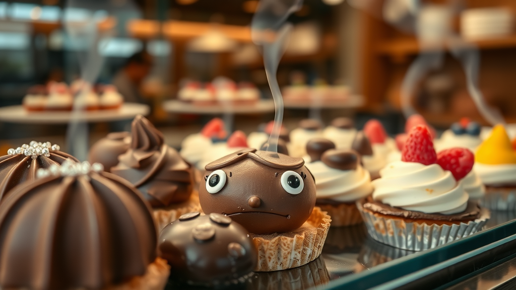 Artisanal vegan desserts—closeup of chocolate truffles and fruit tarts in a beautiful dessert shop display in Nashville.
