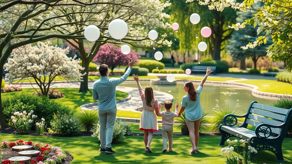 Outdoor memorial with family releasing balloons in a park to celebrate a life