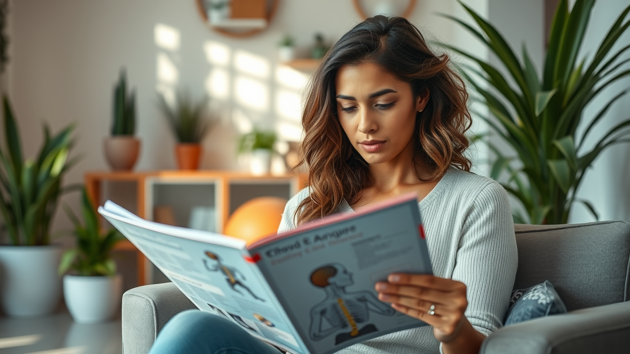 Inquisitive woman reading chiropractic brochure, vibrant wellness clinic background, demonstrating curiosity about chiropractic techniques