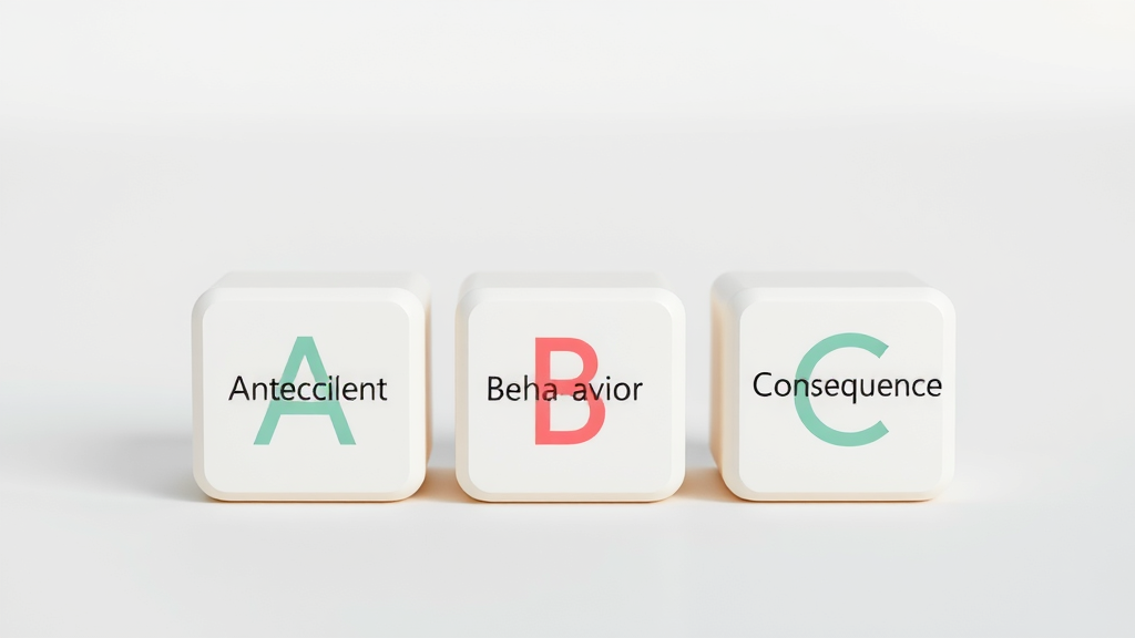 abc blocks representing Antecedent, Behavior, Consequence, abcs of behavior in aba, minimalist style