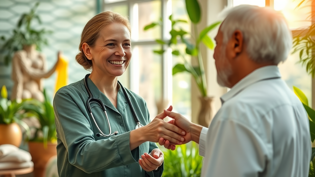 Holistic health care provider consulting with a patient in a sunlit clinic