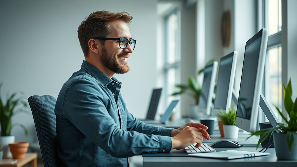 professional working at ergonomic standing desk, back-friendly office environment for back pain relief