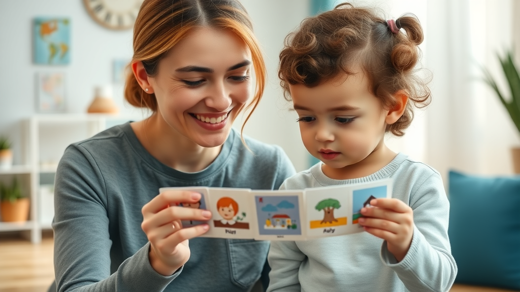 ABA therapist and child with autism use picture cards to establish daily routine in a sensory-friendly therapy room