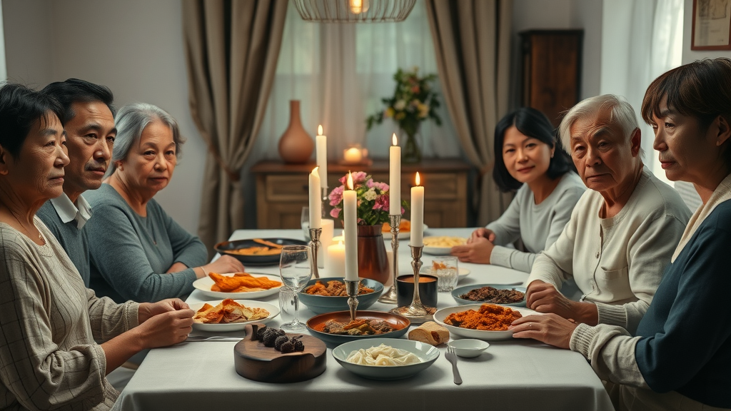 multicultural family sharing a meal after a funeral, traditional dishes, funeral repast dinner