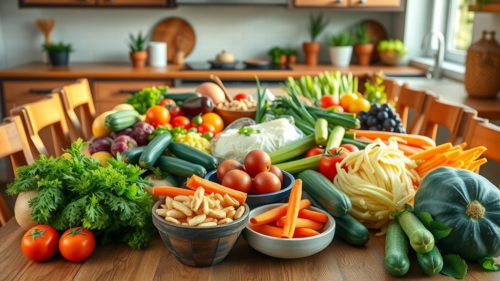 fresh colorful plant-based foods arranged on a wooden table in sunlight
