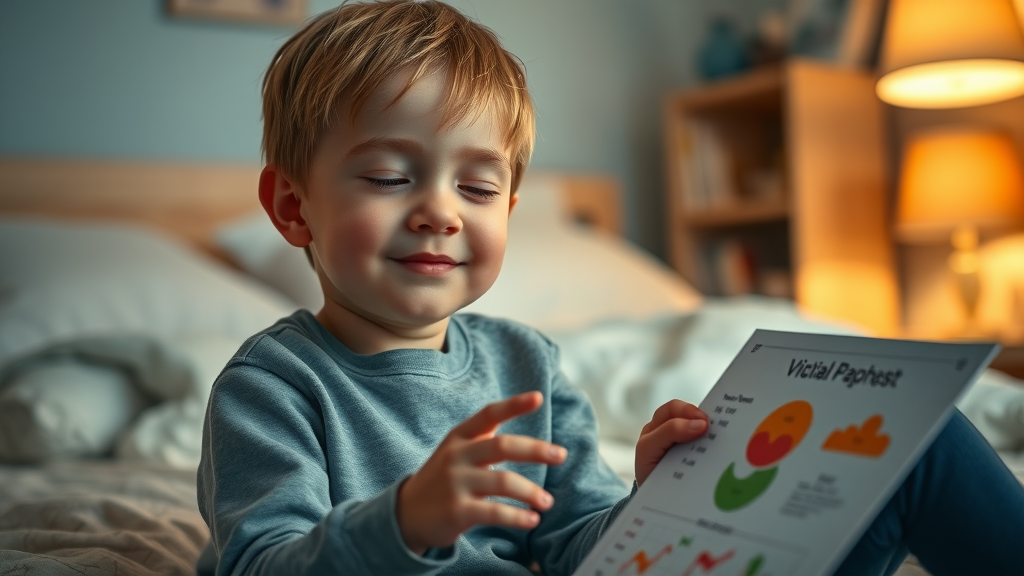Child with autism engages in calm solo play with visible visual chart in a softly lit bedroom