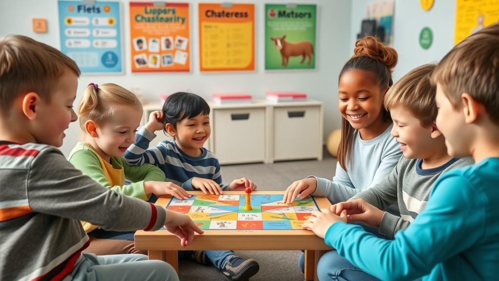 Children playing board game under therapist