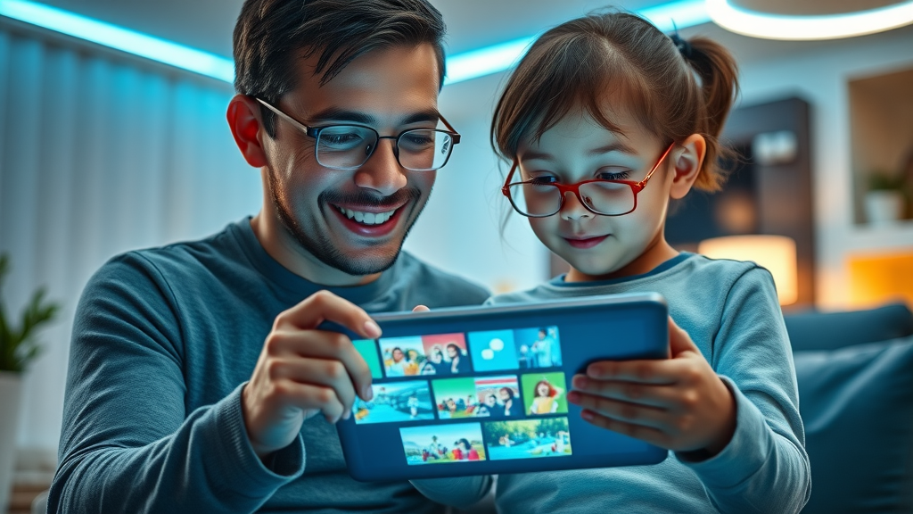 Parent and child with autism personalize a digital visual schedule app in a modern home with visual aids