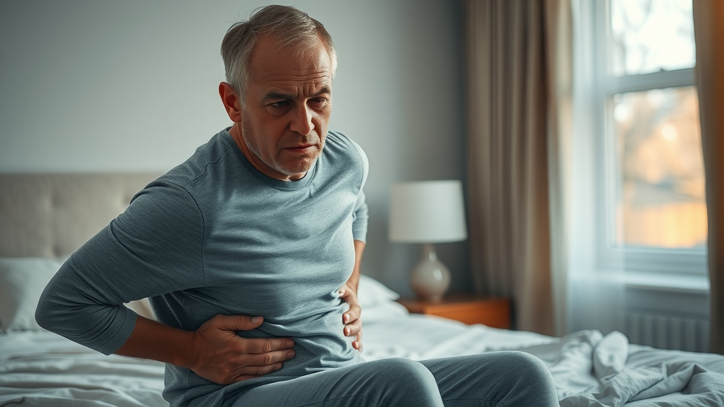 Chiropractic treatment for lower back pain in a concerned middle-aged man in morning bedroom setting.