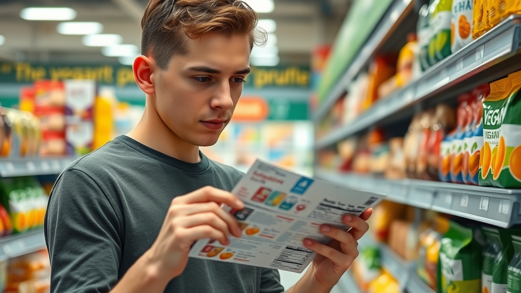 young adult examining ingredient list for hidden animal-derived ingredients in grocery store