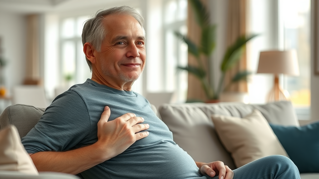 middle-aged adult seated on sofa with hand on lower back, hopeful expression, ergonomic modern living room, sunlight and soft colors for back pain relief