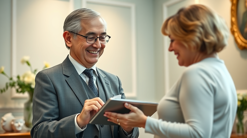 funeral director showing family digital guest book on tablet - personal care in technology funeral services