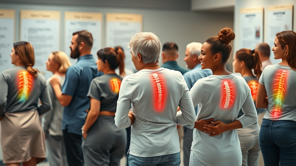 patients with neck pain, back pain, joints, waiting in clinic, chiropractic conditions, hopeful expressions