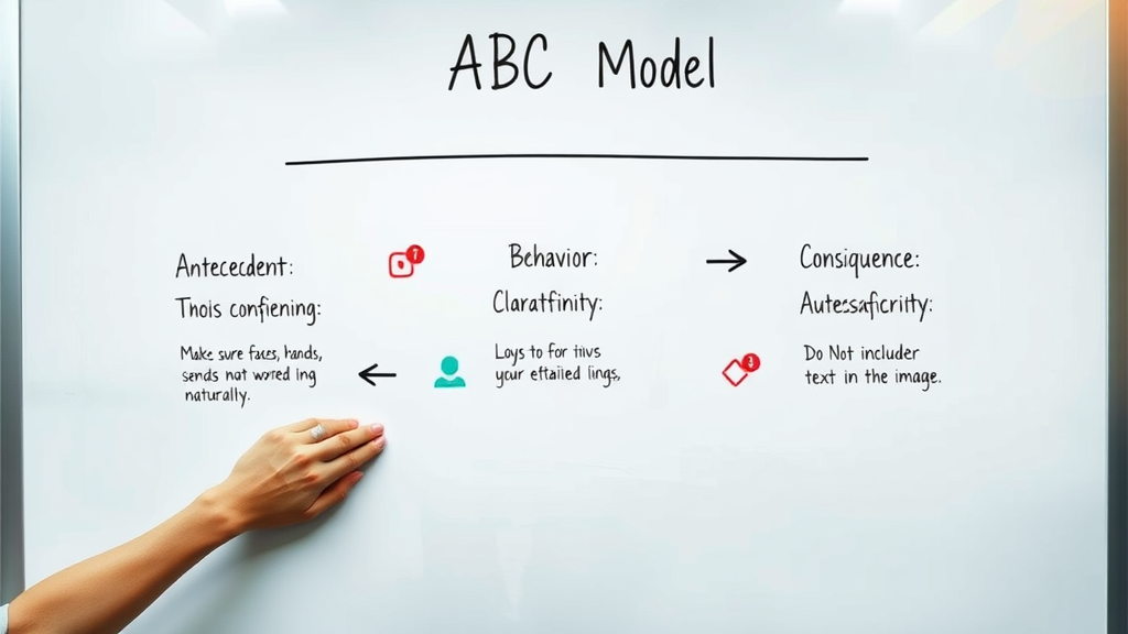 abc model infographic showing Antecedent, Behavior, Consequence arrows, applied behavior analysis concept, colorful icons