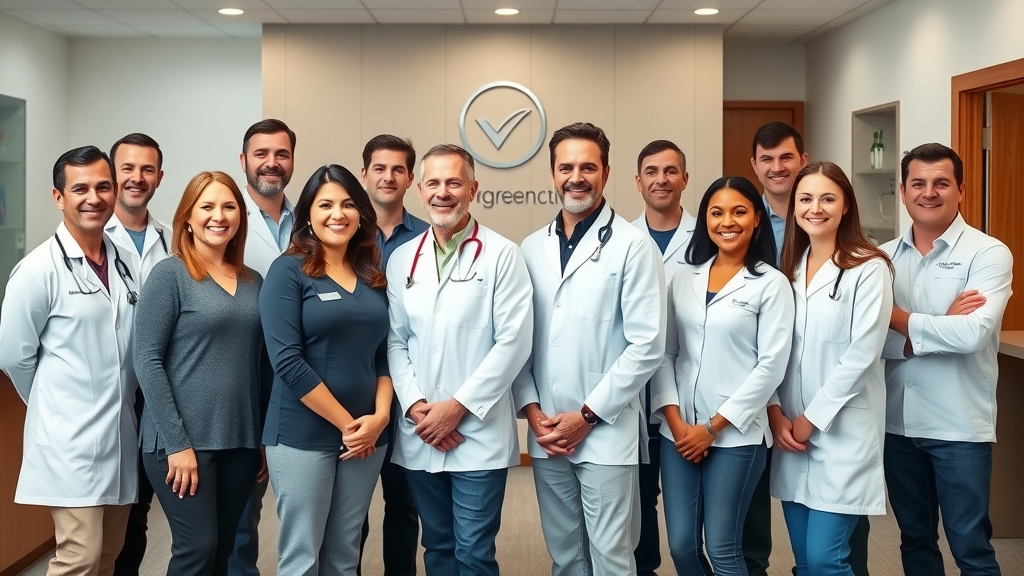 diverse group of certified chiropractors in clinic, friendly and professional atmosphere.