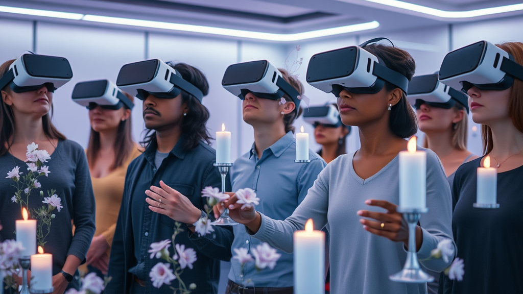 people using VR headsets in memorial tribute room - virtual reality funeral service
