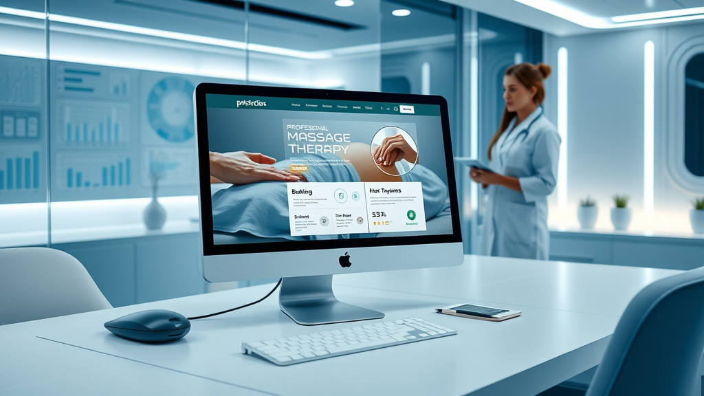Desktop computer with professional massage therapy website, demonstrating strong online presence for getting more massage clients.