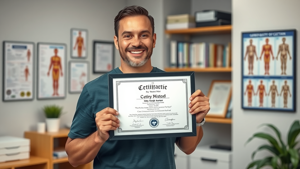 chiropractic care professional showing certifications and framed diplomas, medical office background