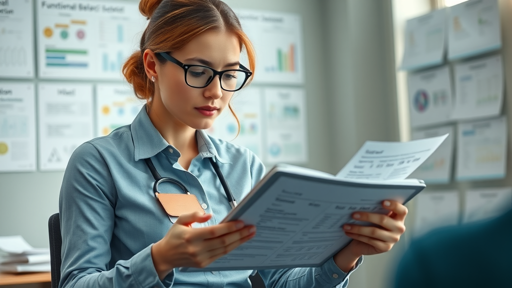 professional therapist reviewing functional behavior assessment charts, behavior analysis, aba therapy