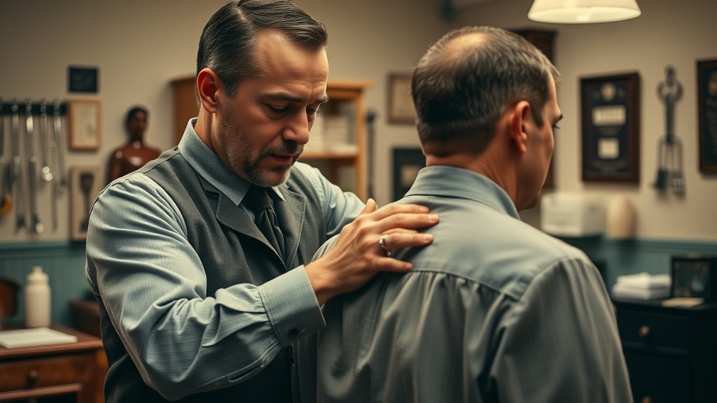 historical depiction of chiropractic adjustment, practitioner gently adjusting a patient