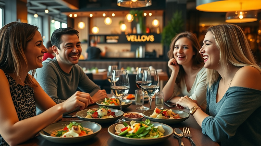 happy vegan friends enjoying dinner at a trendy restaurant, plant-based dishes on table