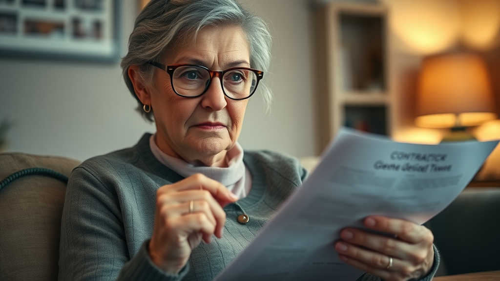 attentive senior reviewing pre burial plan contract, main keyword prepaid funeral plan