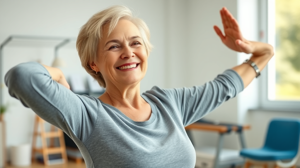 middle-aged woman joyfully stretching after a chiropractic visit, showing improved movement in a bright clinic setting.