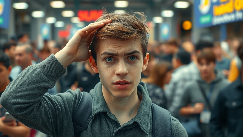distressed teenager managing sensory overload in a public space, overwhelmed by auditory and visual stimuli