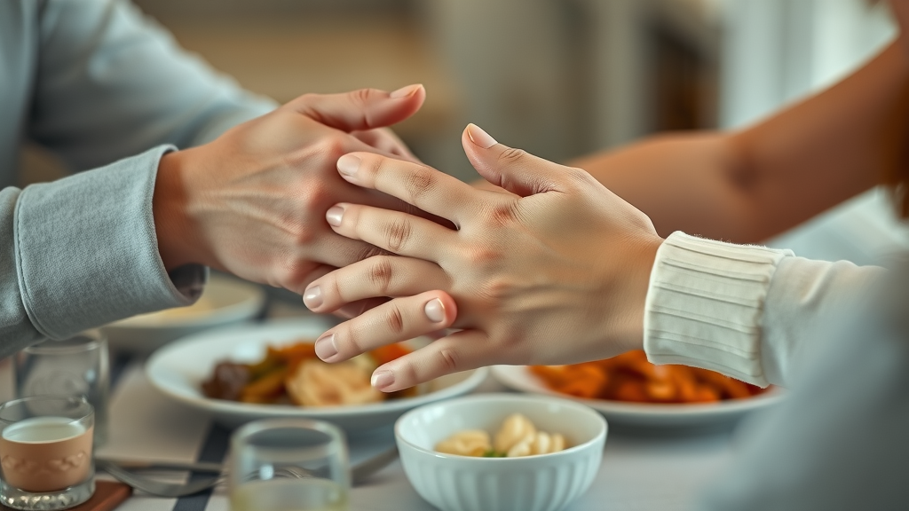 comforting hands, family sharing a supportive meal after loss, healing power of sharing food