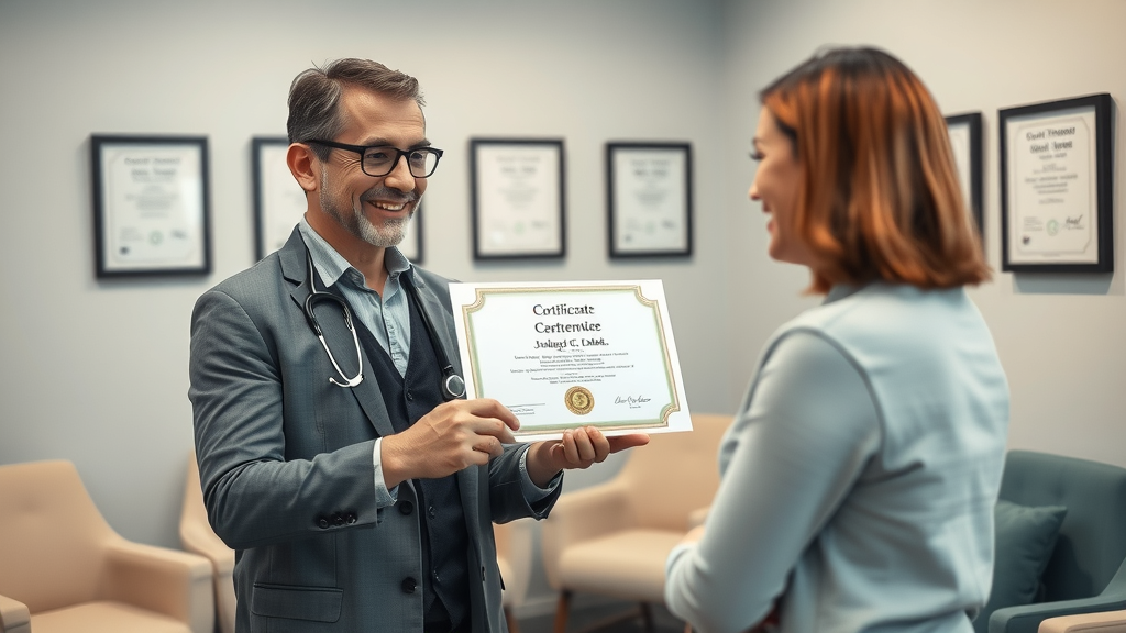 manual therapy therapist showing certificate to patient