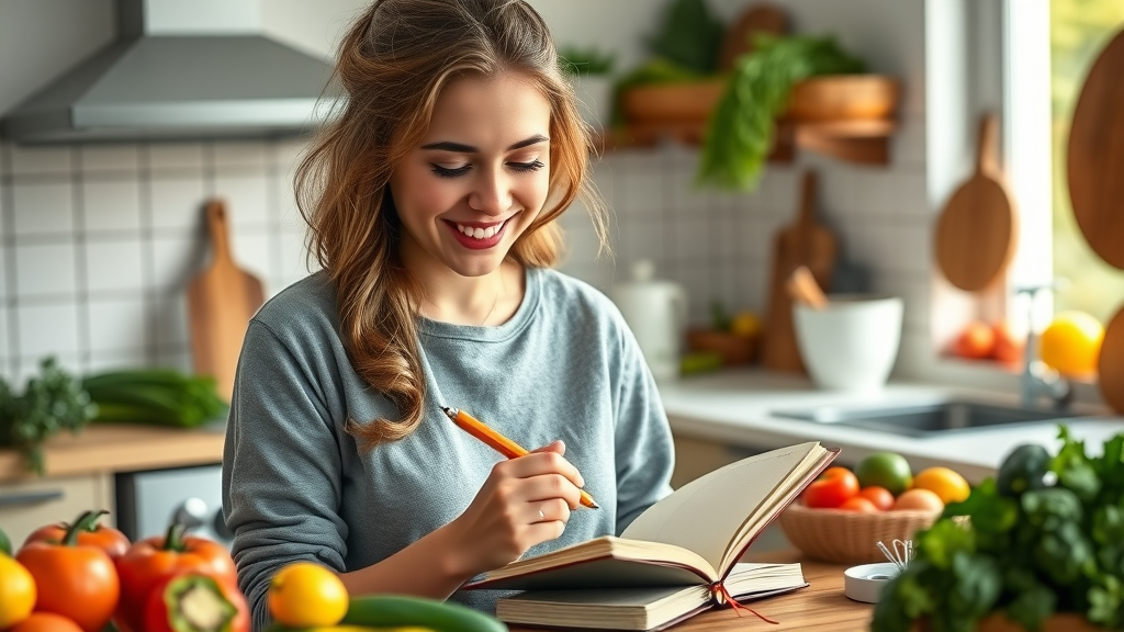 cheerful young woman writing a vegan grocery list amidst fresh fruits and vegetables