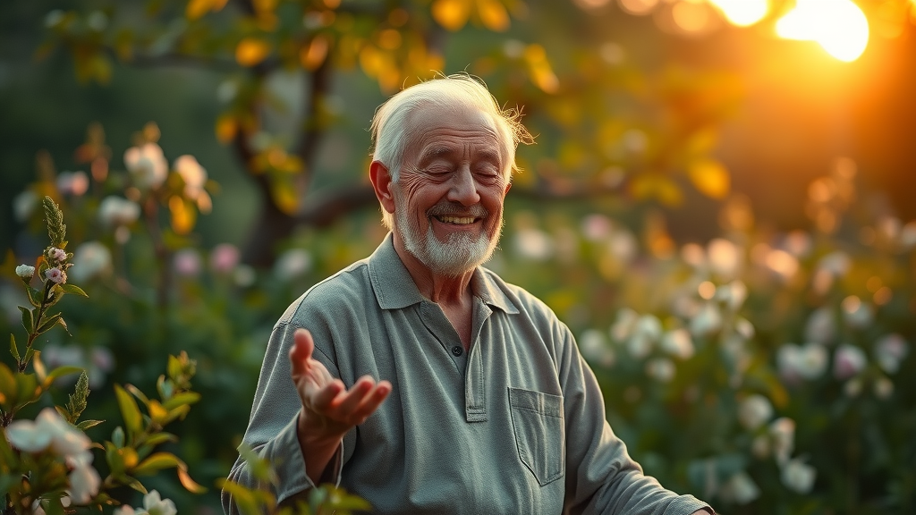 elderly adult meditating in garden, sunrise, serene setting, natural back pain relief with mindfulness techniques