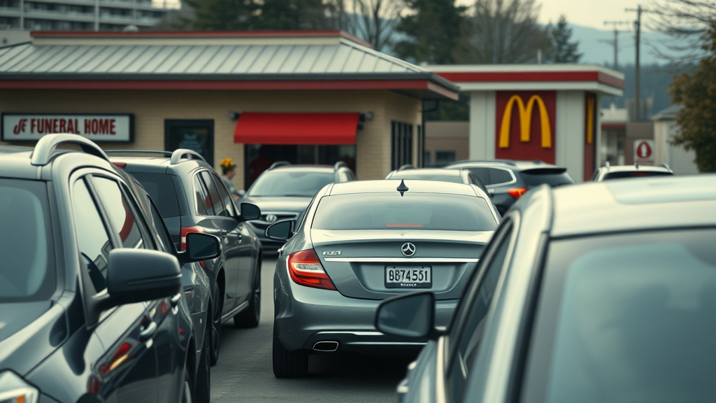 Funeral home drive by lane next to fast food, cars queue in a respectful funeral procession, flower arrangements visible