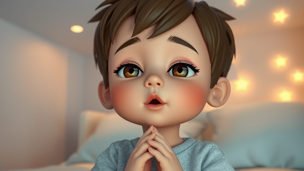 Child with autism practices deep breathing for self-regulation in a calm, softly lit room