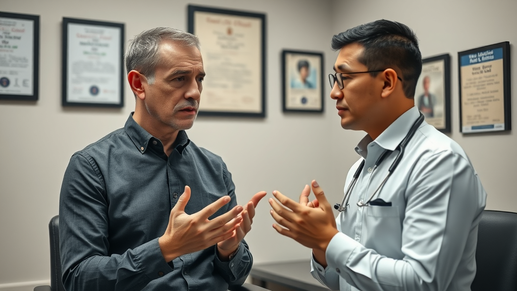 concerned patient and chiropractor discussing chiropractic safety, framed certificates and safety posters in modern office.