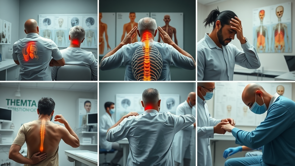 collage of chiropractic treatments for back pain, headache, and joint care in detailed clinic setting.