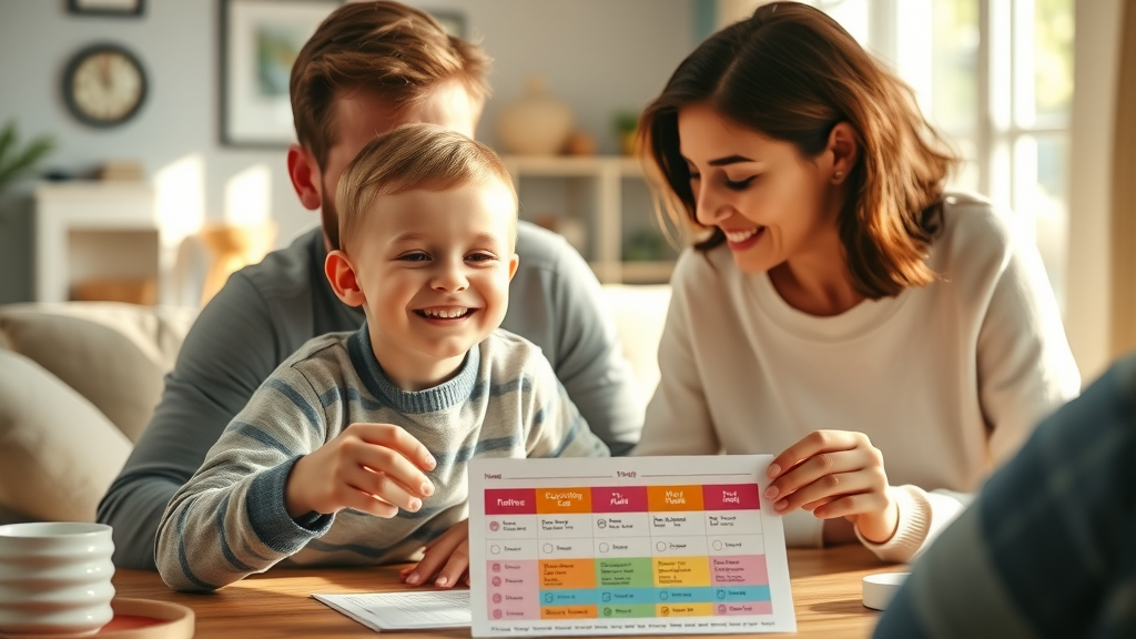 Warm morning family routine: child with autism guided by parents using a visual schedule in a cozy living room