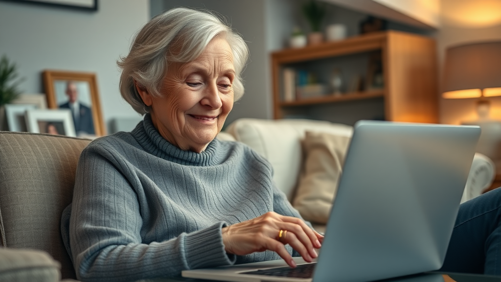 elderly woman with family creating a digital tribute on a laptop - digital memorials for funeral homes
