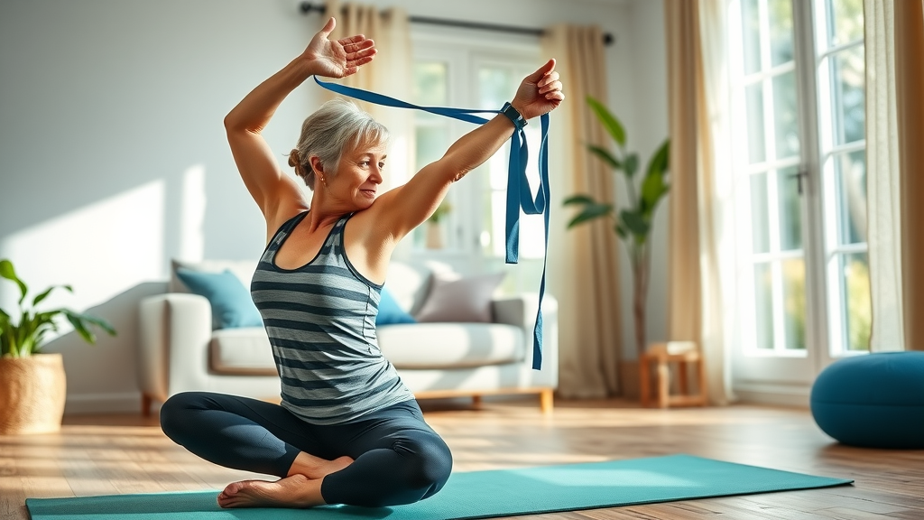 patient performing at-home stretches for chiropractor benefits, sunlit living room with exercise bands