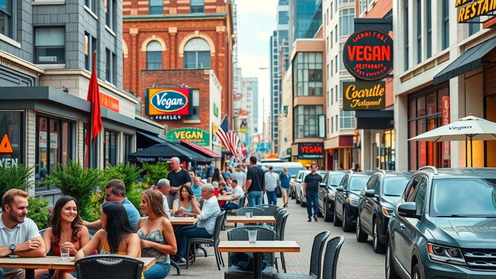 Nashville cityscape with bustling street, modern vegan restaurants, and diners enjoying a lively, friendly restaurant atmosphere.