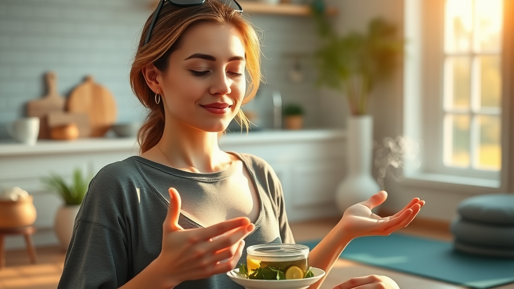 Woman practicing yoga and preparing plant-based breakfast for holistic health