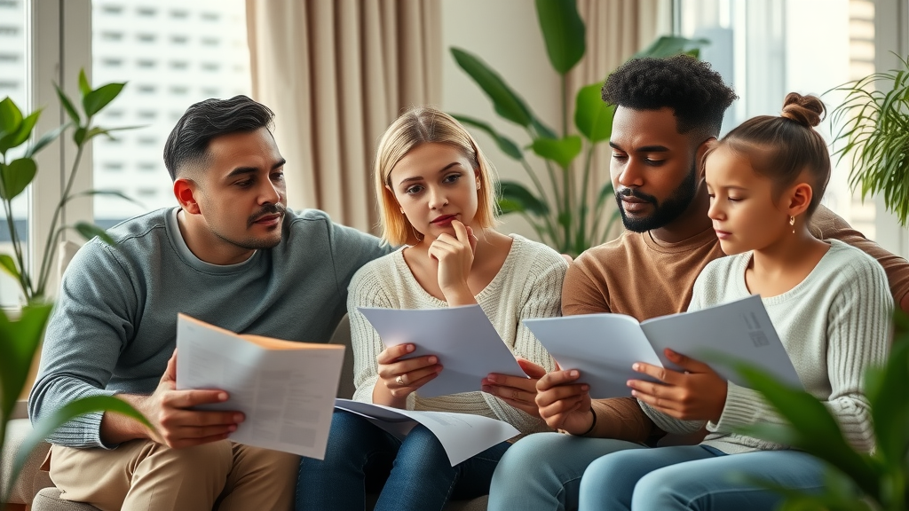 Diverse family rethinking final arrangements for cremation versus funerals in a modern living room