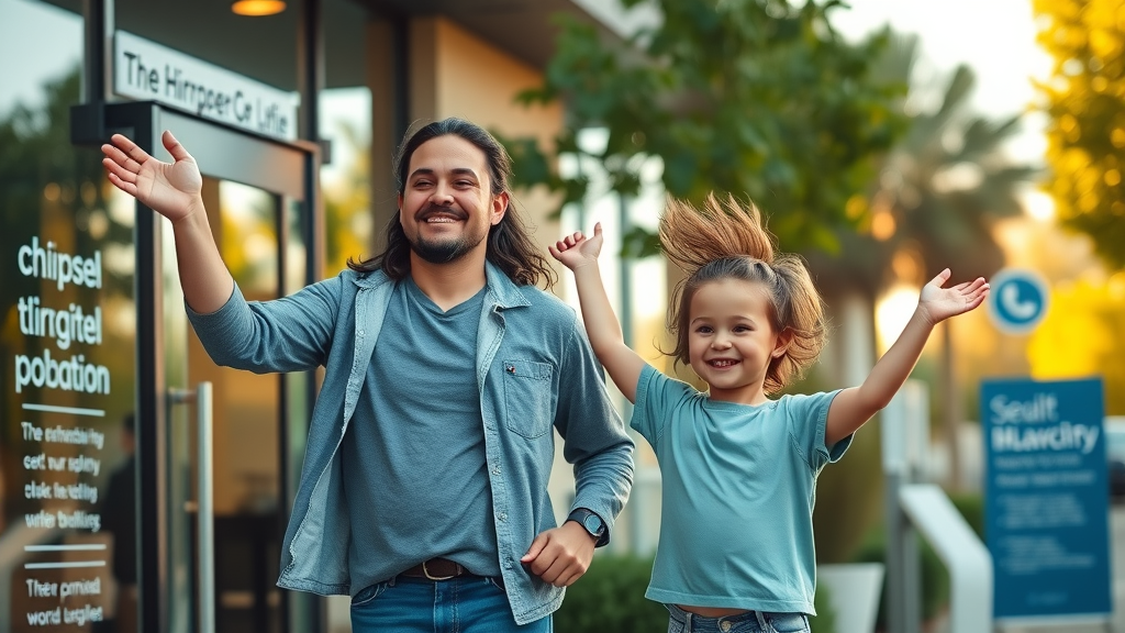inspired patients leaving chiropractic office, chiropractor benefits, urban background, relaxed posture